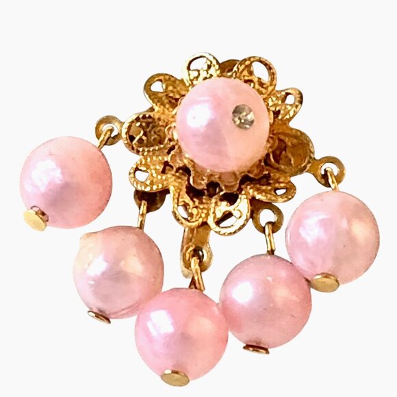 Mid Century Screw Back Earrings Pink Beads Cluster Goldtone Metal Dangling - Picture 5 of 11